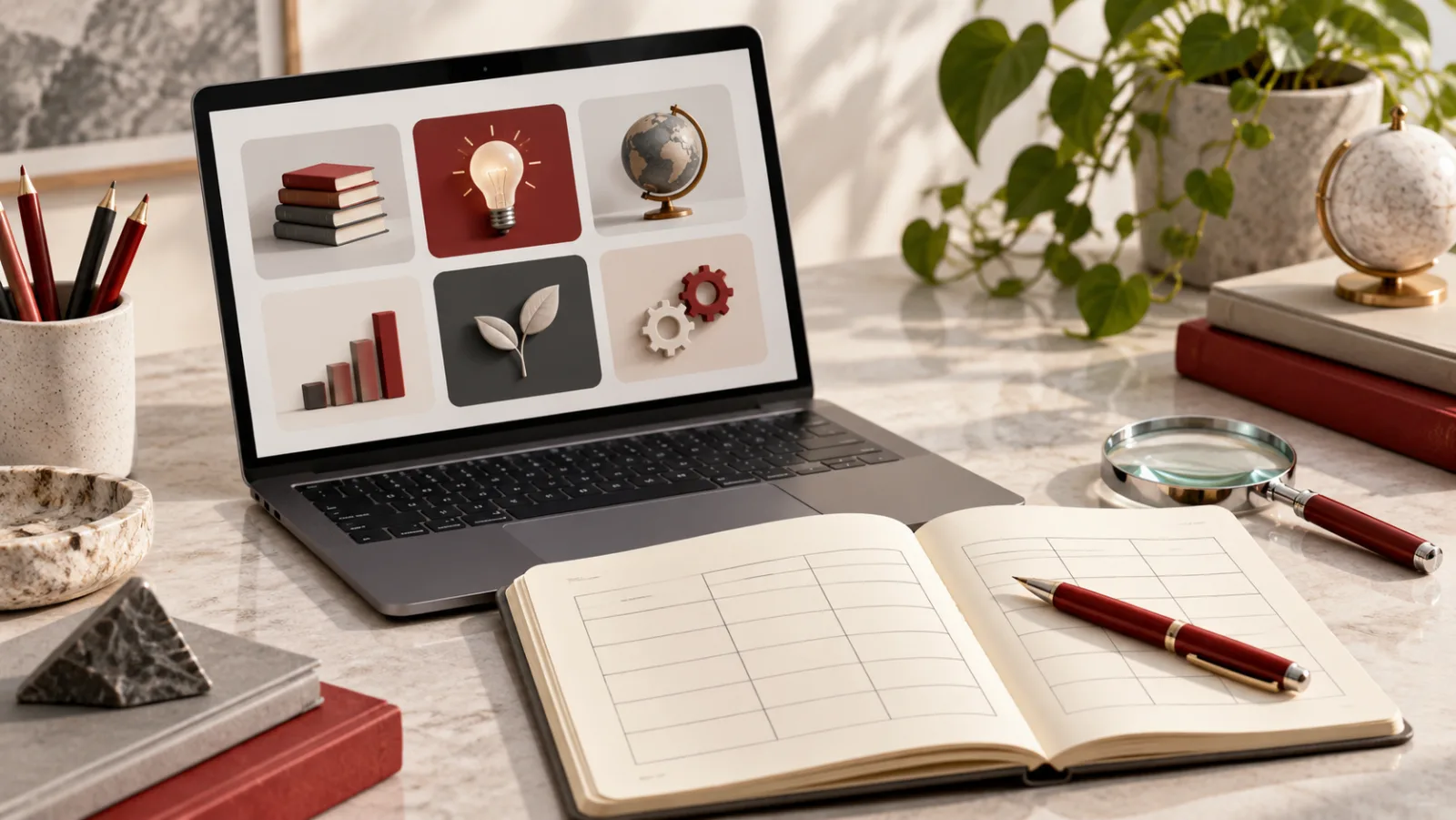 Ordinateur et carnet de comparaison sur un bureau clair