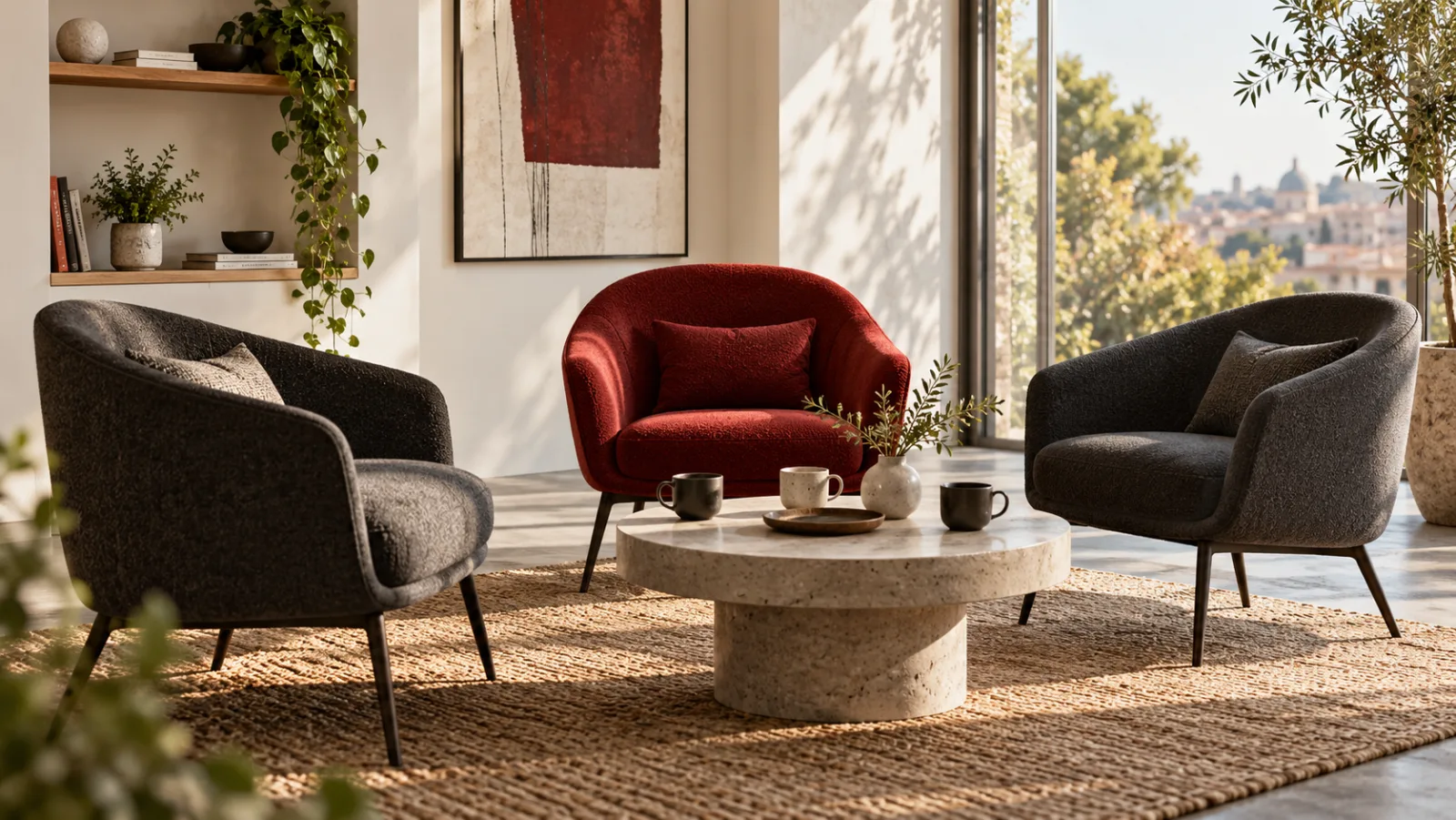 Trois fauteuils autour d’une table dans un lieu lumineux