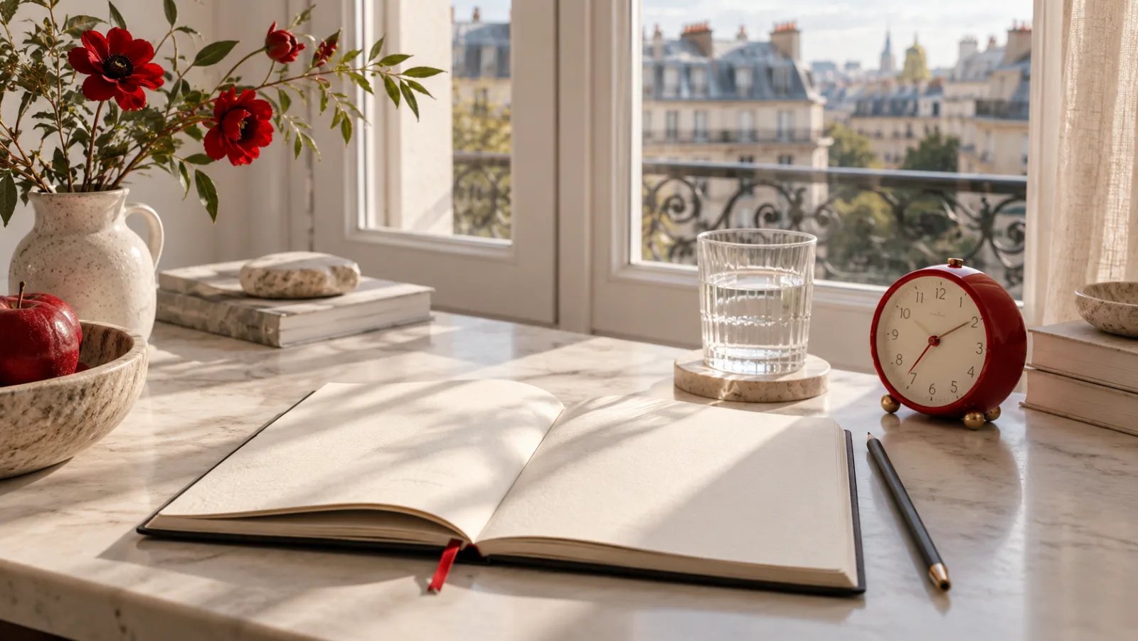 Carnet ouvert et réveil rouge à la lumière du matin